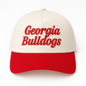 Cream and red Georgia Bulldogs Script Trucker Hat with raised red “Georgia Bulldogs” embroidery and structured snapback design.