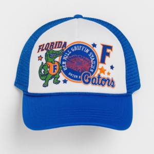 Retro blue-and-white Florida Gators hat with mesh back, vintage Albert Gator design, and embroidered Florida graphics.