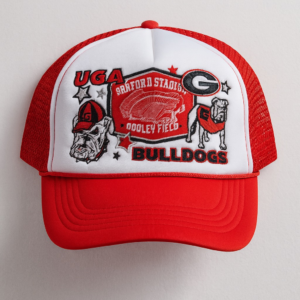Georgia Bulldogs Dooley Field Trucker Hat featuring embroidered Sanford Stadium design, UGA mascot, and red mesh back.