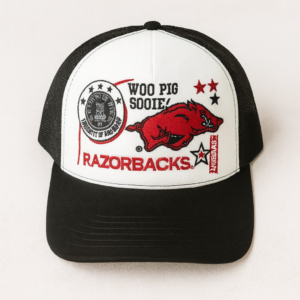 Black and white Woo Pig Sooie trucker hat with Razorbacks logo, University of Arkansas seal, and embroidered stars.