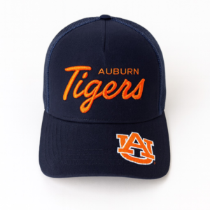 Navy Auburn Tigers Hat with orange script lettering and embroidered AU logo on the bill