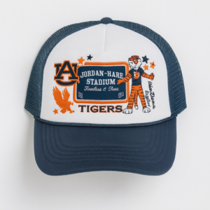 Auburn Jordan-Hare Stadium navy and white trucker hat featuring Aubie the Tiger and Auburn University logo