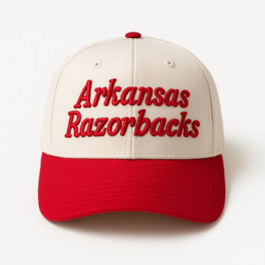 Cream and red Arkansas Razorbacks script hat with embroidered “Arkansas Razorbacks” lettering on the front.