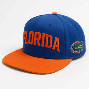 Blue and orange Florida Gators snapback hat with embroidered “FLORIDA” text and Gators logo on the side.