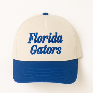 Cream and blue Florida Gators hat with raised embroidered “Florida Gators” script on the front.