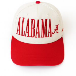 Alabama Crimson Tide script hat with cream crown and crimson bill — premium SEC headwear by Saturday South.