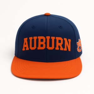 Auburn Snapback Hat with navy crown, orange flat bill, and bold embroidered Auburn lettering